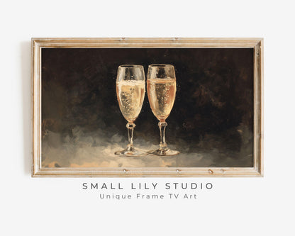 FRAME TV art Champagne Glasses, Samsung Frame TV art Moody New Years Celebration, Vintage Style Painting for Party| TV1066