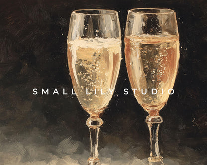 FRAME TV art Champagne Glasses, Samsung Frame TV art Moody New Years Celebration, Vintage Style Painting for Party| TV1066