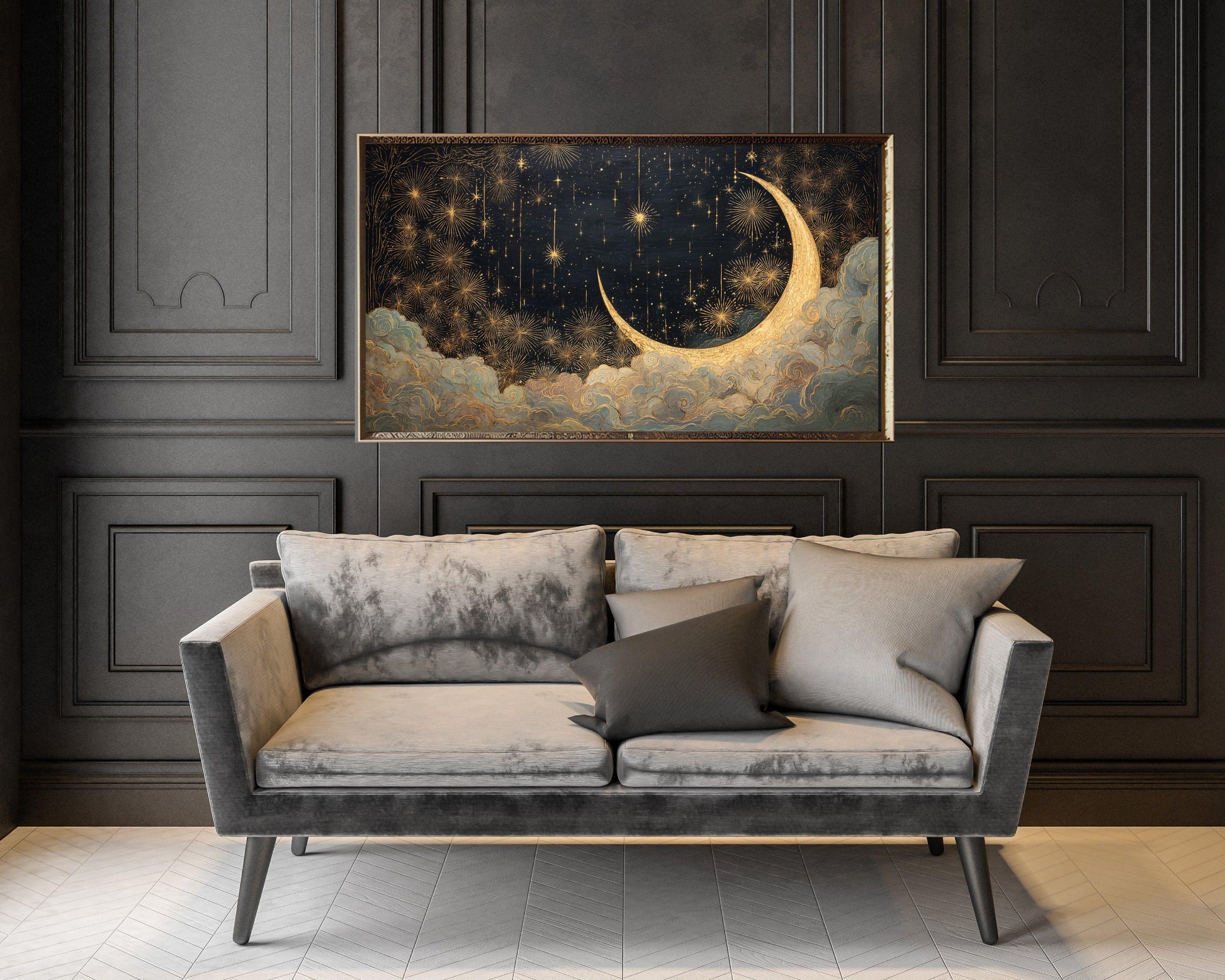 FRAME TV art Art Deco New Years, Samsung Frame TV art Gold Fireworks and Moon, Painting for Gatbsy 1920s Party| TV1069