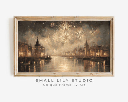 FRAME TV art Gold Fireworks, Samsung Frame TV art New Years Celebration, Vintage Style Painting for Party| TV1070