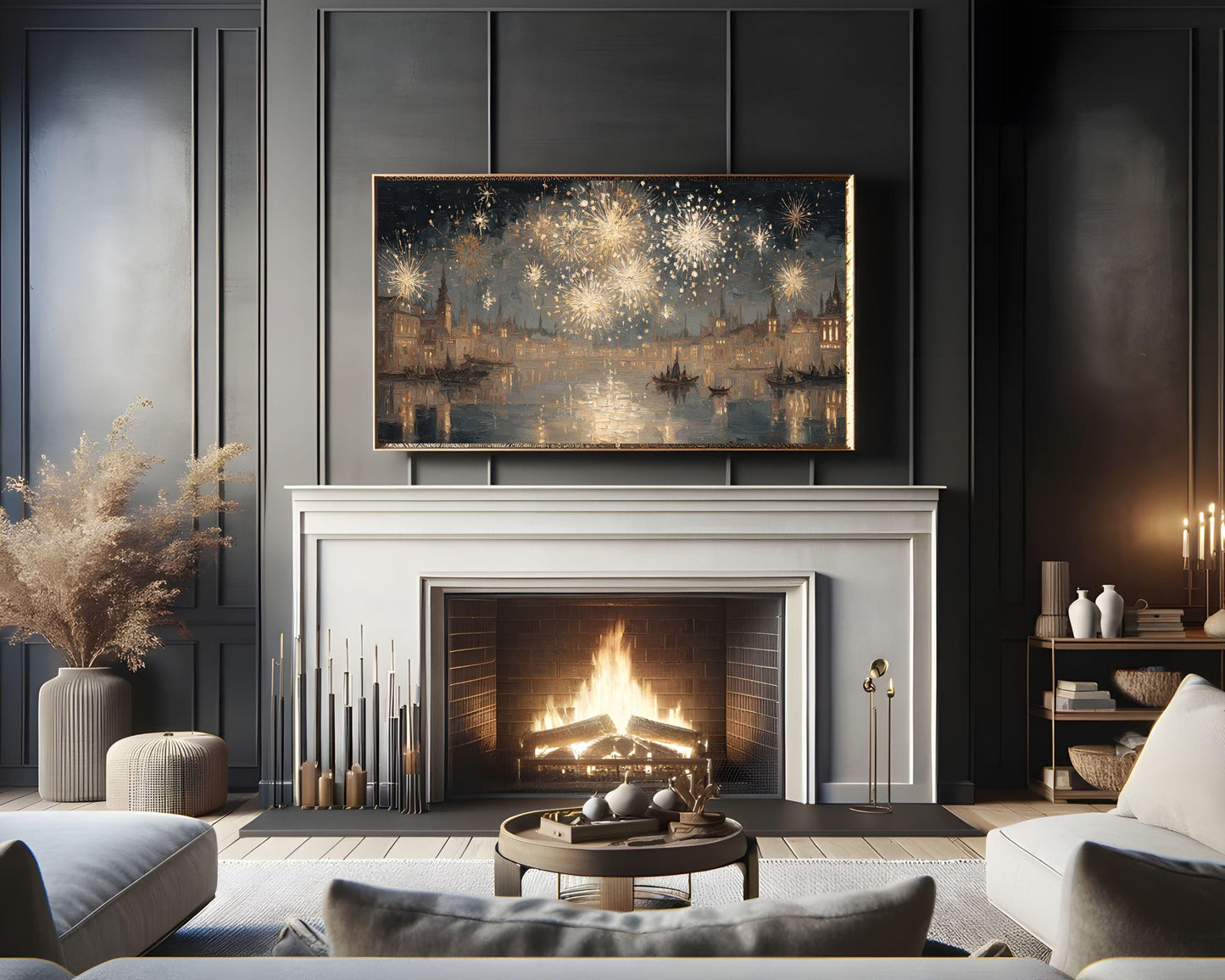 FRAME TV art Gold Fireworks over River, Samsung Frame TV art New Years Celebration, Vintage Style Painting for Party| TV1071