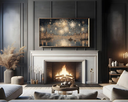 FRAME TV art Gold Fireworks over River, Samsung Frame TV art New Years Celebration, Vintage Style Painting for Party| TV1071