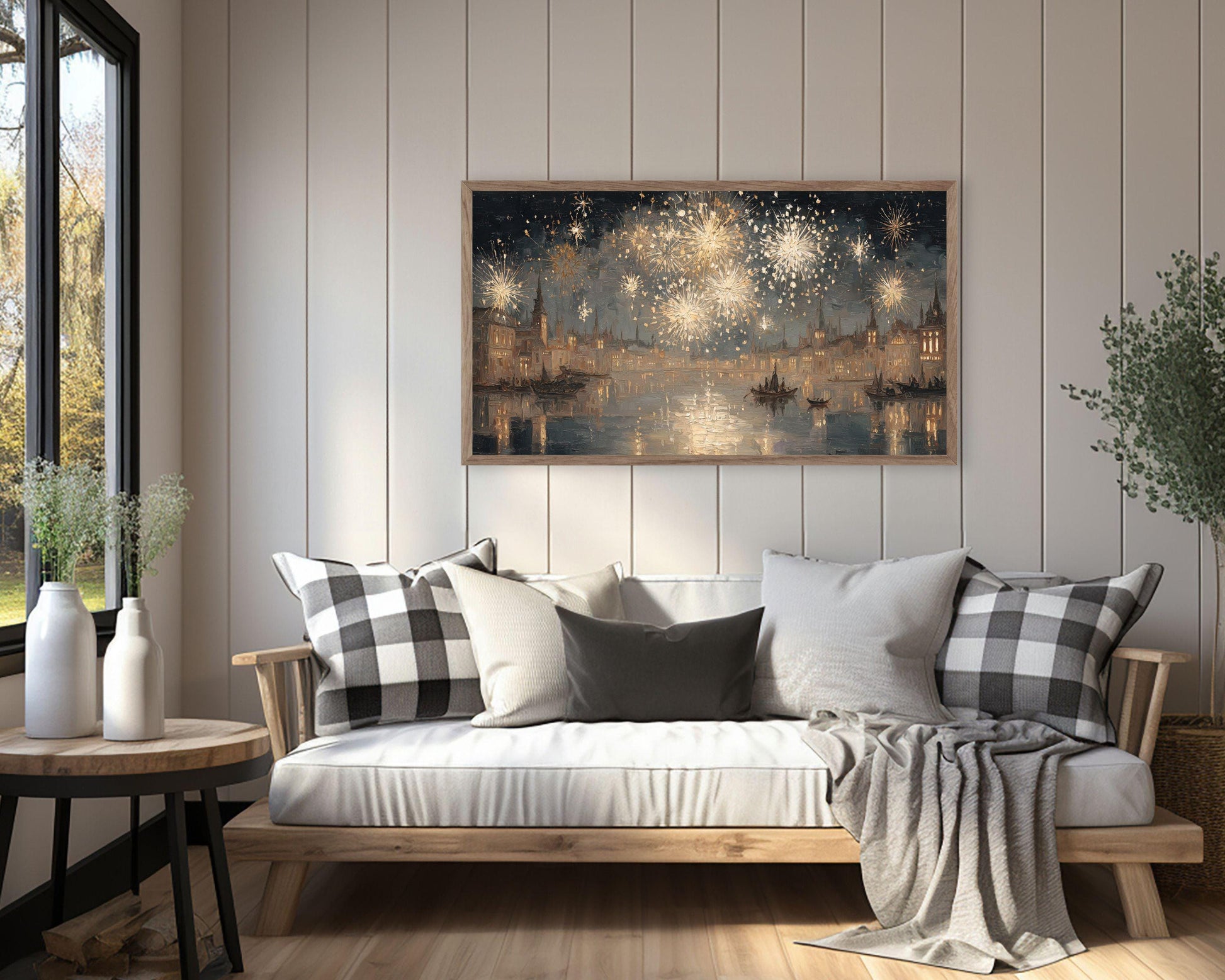 FRAME TV art Gold Fireworks over River, Samsung Frame TV art New Years Celebration, Vintage Style Painting for Party| TV1071