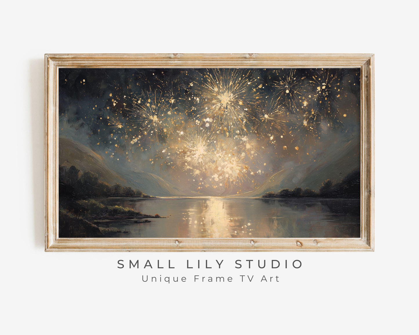 FRAME TV art Gold Fireworks over Lake, Samsung Frame TV art New Years Celebration, Vintage Style Painting for Party| TV1072