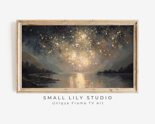 FRAME TV art Gold Fireworks over Lake, Samsung Frame TV art New Years Celebration, Vintage Style Painting for Party| TV1072