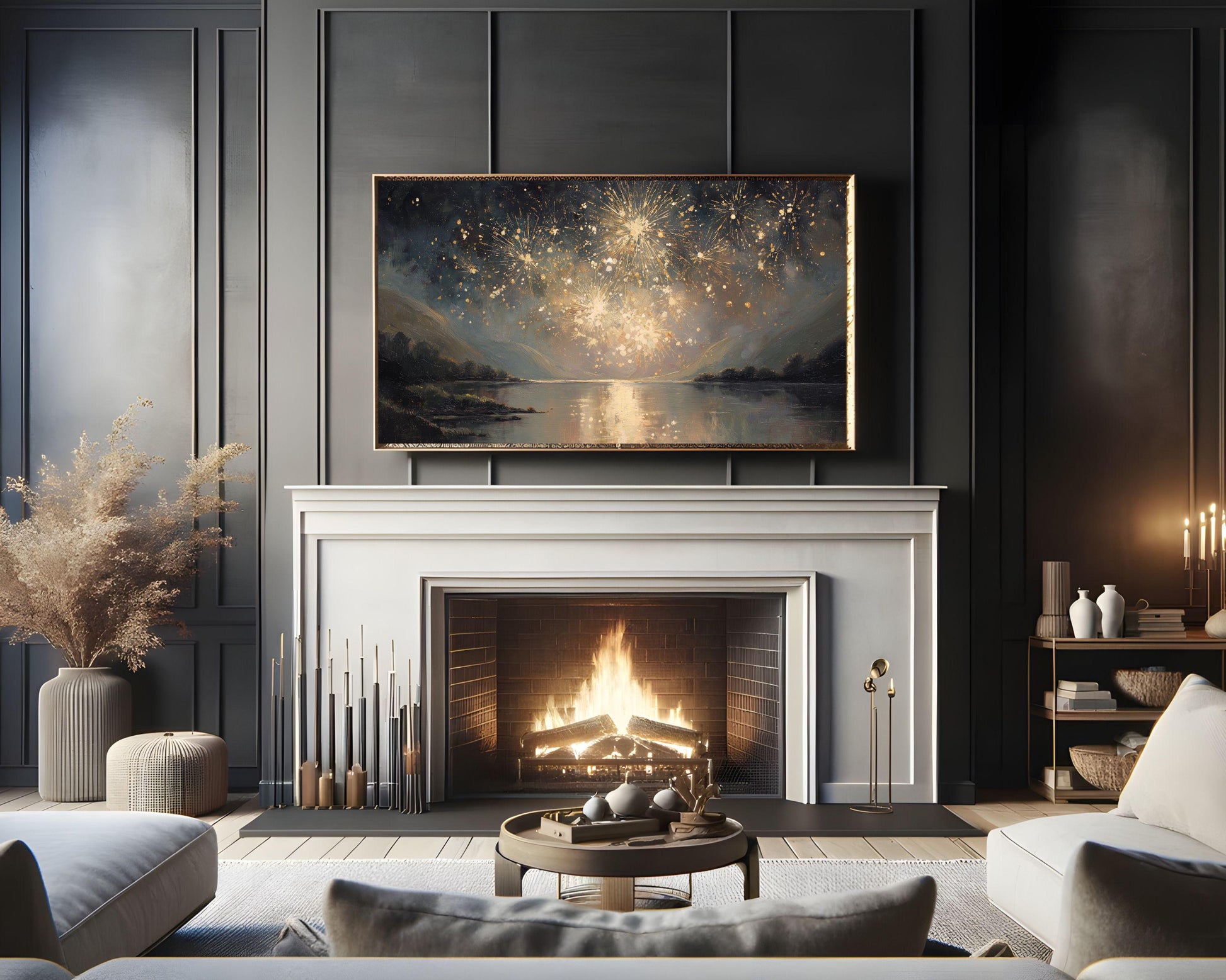 FRAME TV art Gold Fireworks over Lake, Samsung Frame TV art New Years Celebration, Vintage Style Painting for Party| TV1072