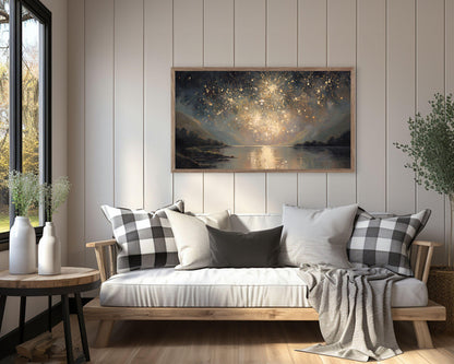 FRAME TV art Gold Fireworks over Lake, Samsung Frame TV art New Years Celebration, Vintage Style Painting for Party| TV1072