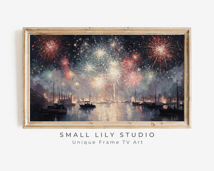 FRAME TV art Red White and Blue Fireworks, Samsung Frame TV art New Years Celebration, Vintage Style Patriotic 4th of July Party| TV1073