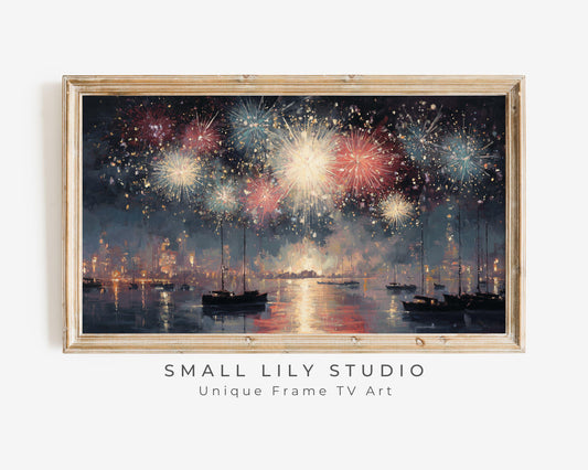 FRAME TV art Red White and Blue Fireworks, Samsung Frame TV art New Years Celebration, Vintage Style Patriotic 4th of July Party| TV1074