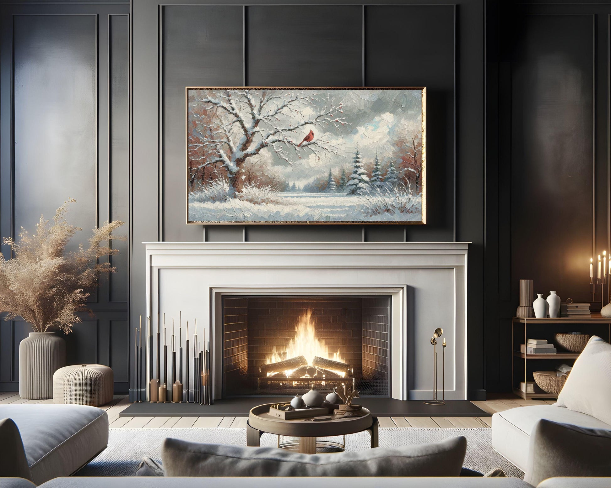 Red Cardinal In Winter Landscape Frame TV Art