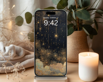 Gold Moon and Stars Desktop Wallpaper Set, New Years Phone Wallpaper, Art Deco Gatsby iPhone Wallpaper, Aesthetic iPad Background | WS154