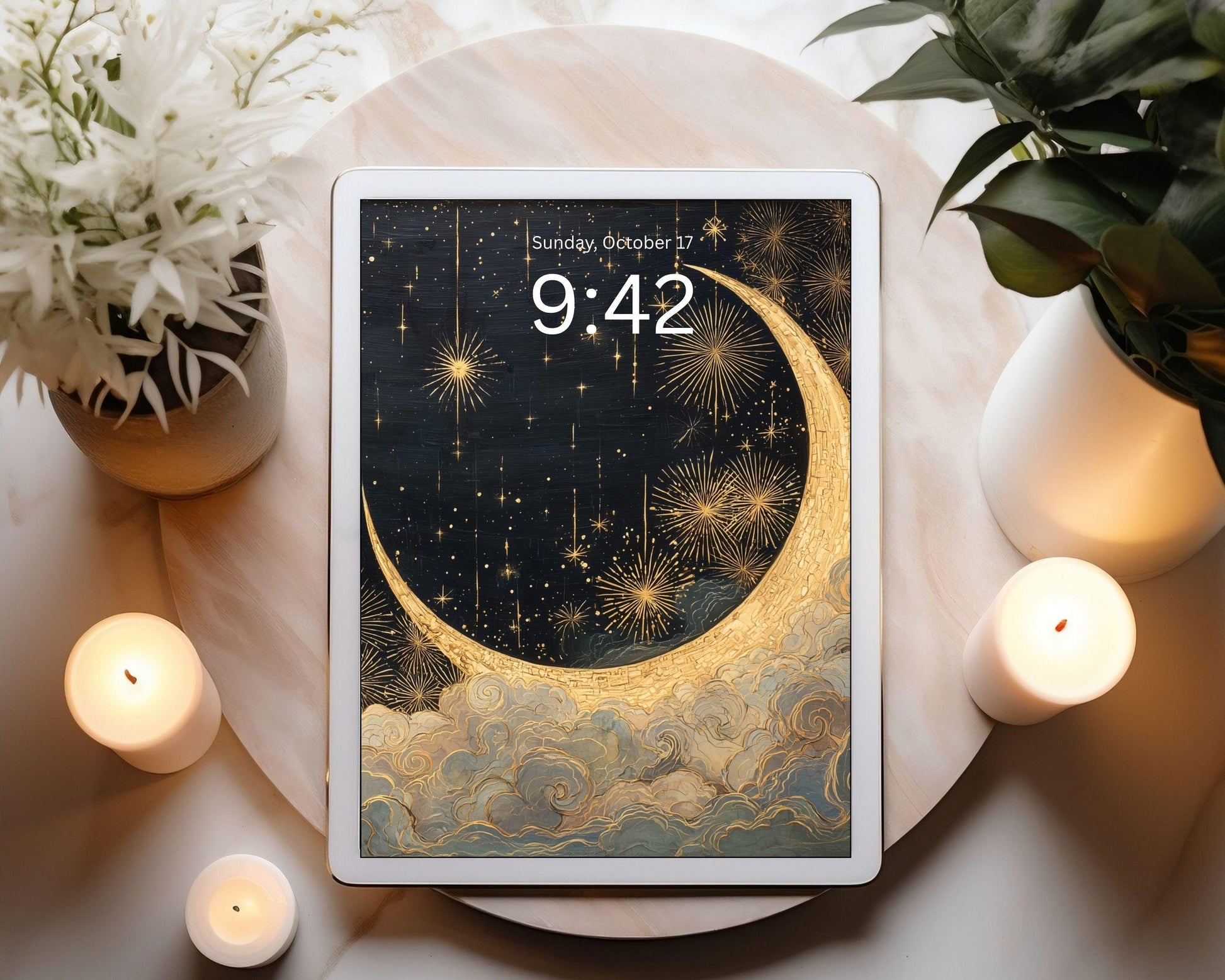 Gold Moon and Stars Desktop Wallpaper Set, New Years Phone Wallpaper, Art Deco Gatsby iPhone Wallpaper, Aesthetic iPad Background | WS154