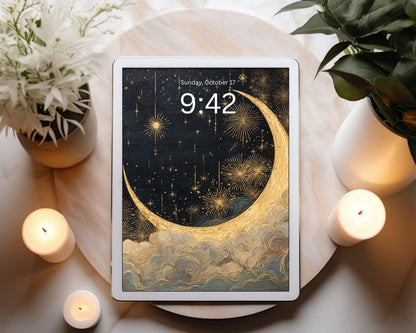 Gold Moon and Stars Desktop Wallpaper Set, New Years Phone Wallpaper, Art Deco Gatsby iPhone Wallpaper, Aesthetic iPad Background | WS154