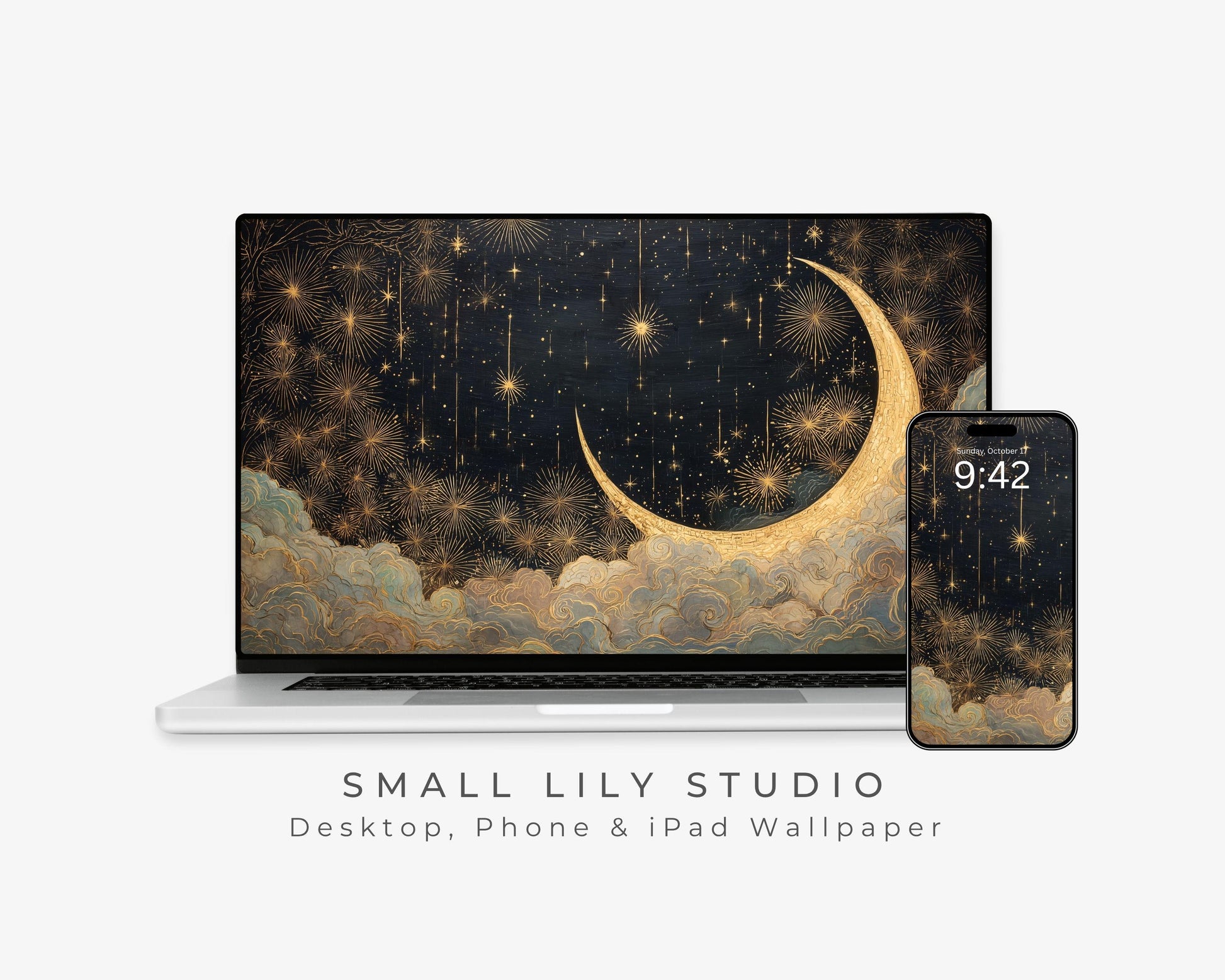 Gold Moon and Stars Desktop Wallpaper Set, New Years Phone Wallpaper, Art Deco Gatsby iPhone Wallpaper, Aesthetic iPad Background | WS154