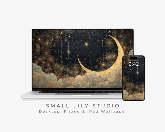Gold Moon and Stars Desktop Wallpaper Set, New Years Phone Wallpaper, Art Deco Gatsby iPhone Wallpaper, Aesthetic iPad Background | WS154