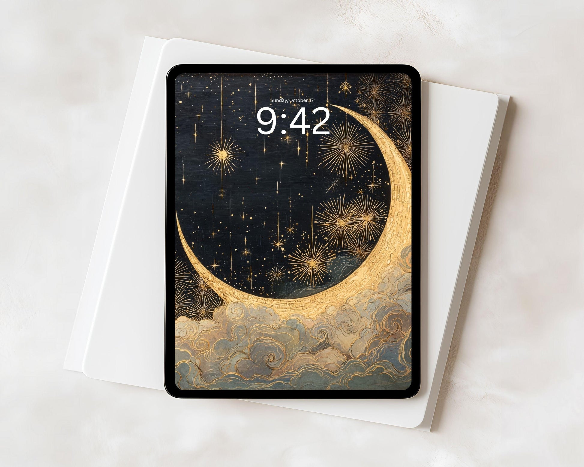 Gold Moon and Stars iPad Wallpaper, New Years iPad Background, Art Deco Gatsby Tablet Wallpaper, Aesthetic Vintage Style Painting | WT154