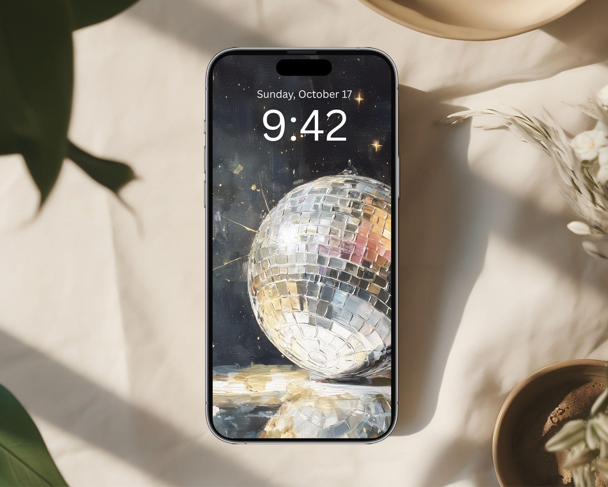 Mirrorball Phone Wallpaper, New Years iPhone Wallpaper, Party Samsung Galaxy Phone Background, Retro Art | WP152