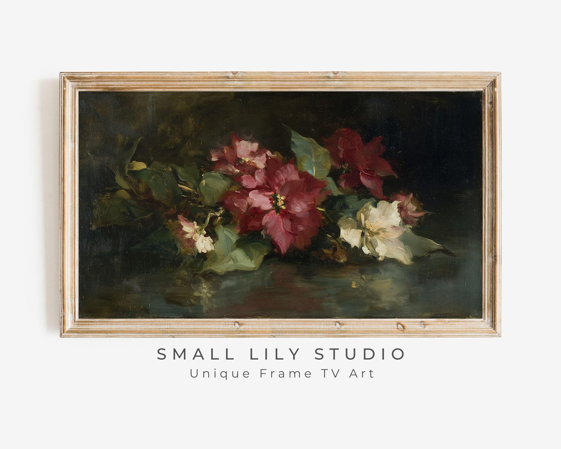 FRAME TV art Moody Christmas Flowers, Samsung Frame TV art Burgundy Poinsettias, Vintage Style Floral tv screensaver | TV1062