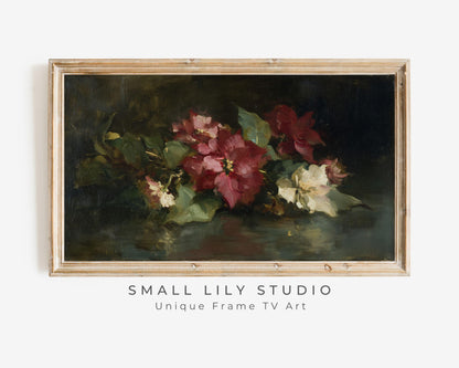 FRAME TV art Moody Christmas Flowers, Samsung Frame TV art Burgundy Poinsettias, Vintage Style Floral tv screensaver | TV1062