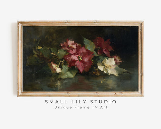 FRAME TV art Moody Christmas Flowers, Samsung Frame TV art Burgundy Poinsettias, Vintage Style Floral tv screensaver | TV1062