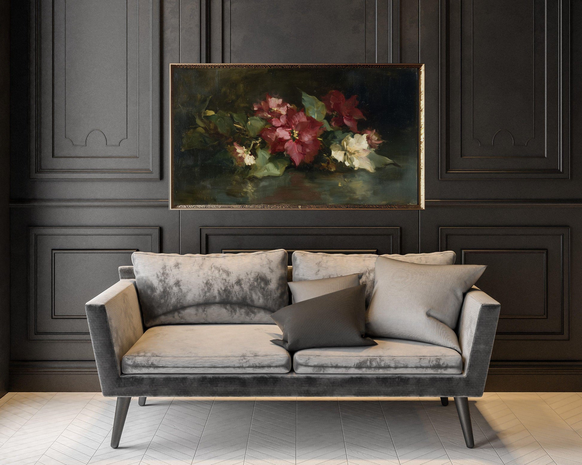 FRAME TV art Moody Christmas Flowers, Samsung Frame TV art Burgundy Poinsettias, Vintage Style Floral tv screensaver | TV1062