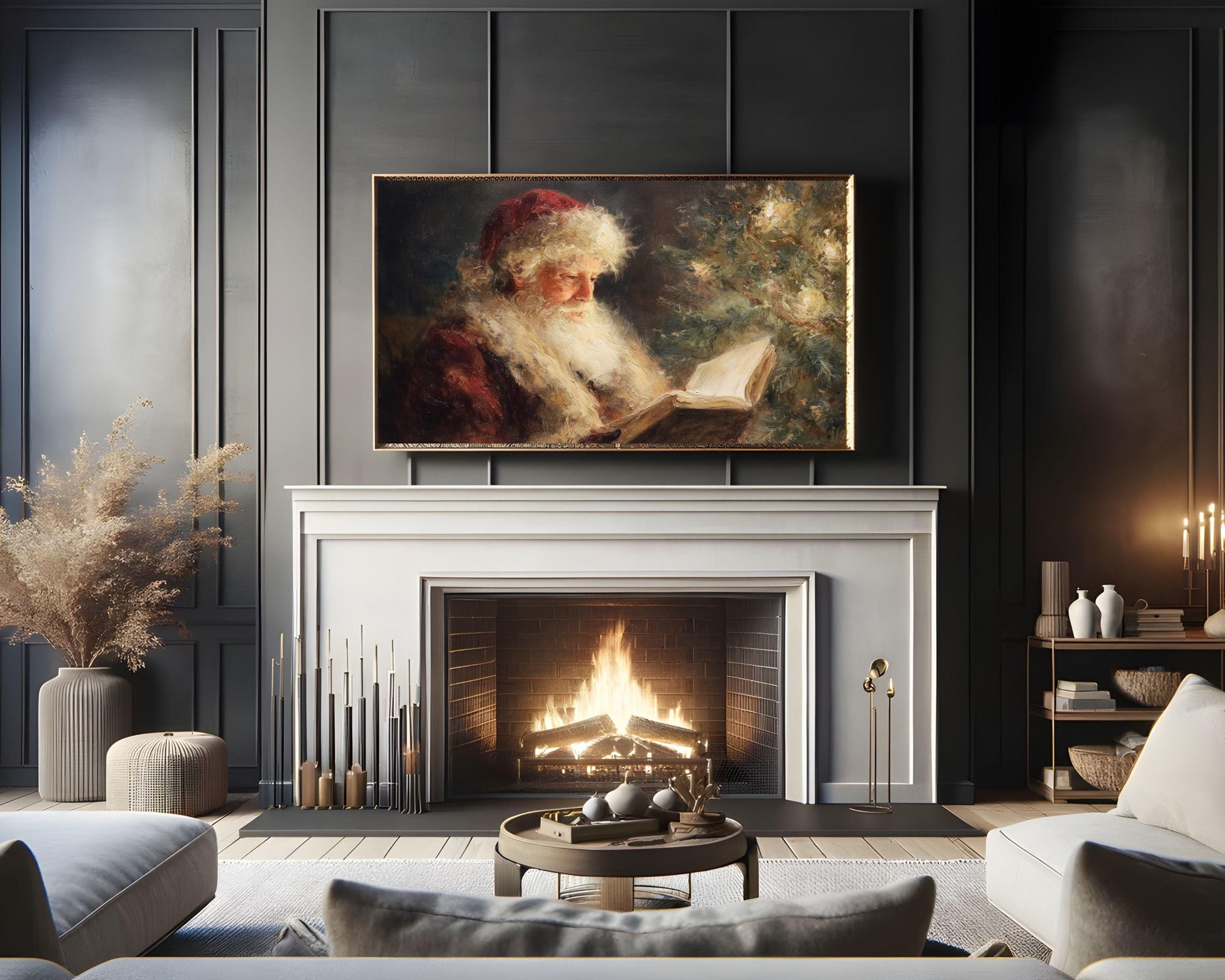 FRAME TV art Santa Reading, Samsung Frame TV art Moody Christmas, Cozy Vintage Style Holiday tv screensaver | TV1076