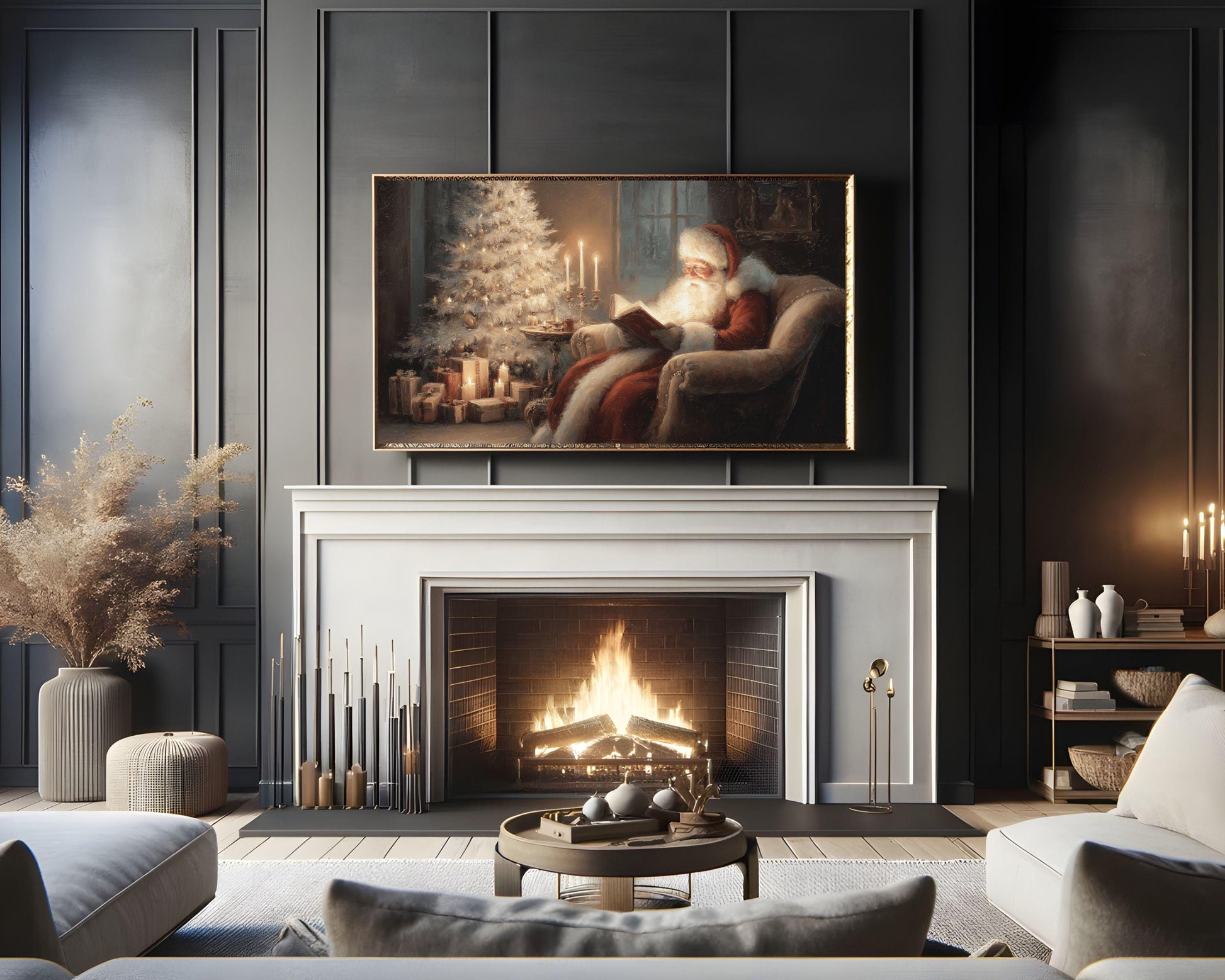 FRAME TV art Santa Reading, Samsung Frame TV art Moody Christmas, Cozy Vintage Style Holiday tv screensaver | TV1078
