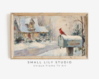 FRAME TV art Red Cardinal on Mailbox, Samsung Frame TV art Christmas, Winter Holiday Vintage Style tv screensaver | TV1080