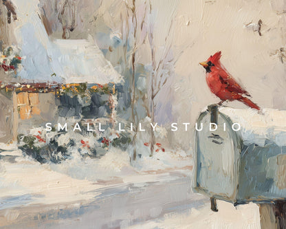 FRAME TV art Red Cardinal on Mailbox, Samsung Frame TV art Christmas, Winter Holiday Vintage Style tv screensaver | TV1080
