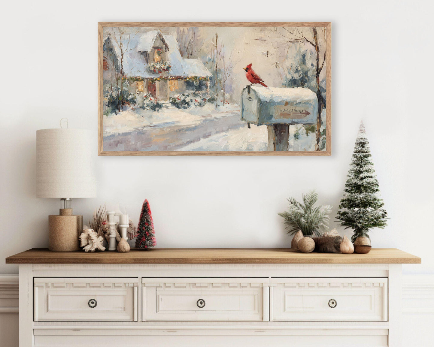 FRAME TV art Red Cardinal on Mailbox, Samsung Frame TV art Christmas, Winter Holiday Vintage Style tv screensaver | TV1080