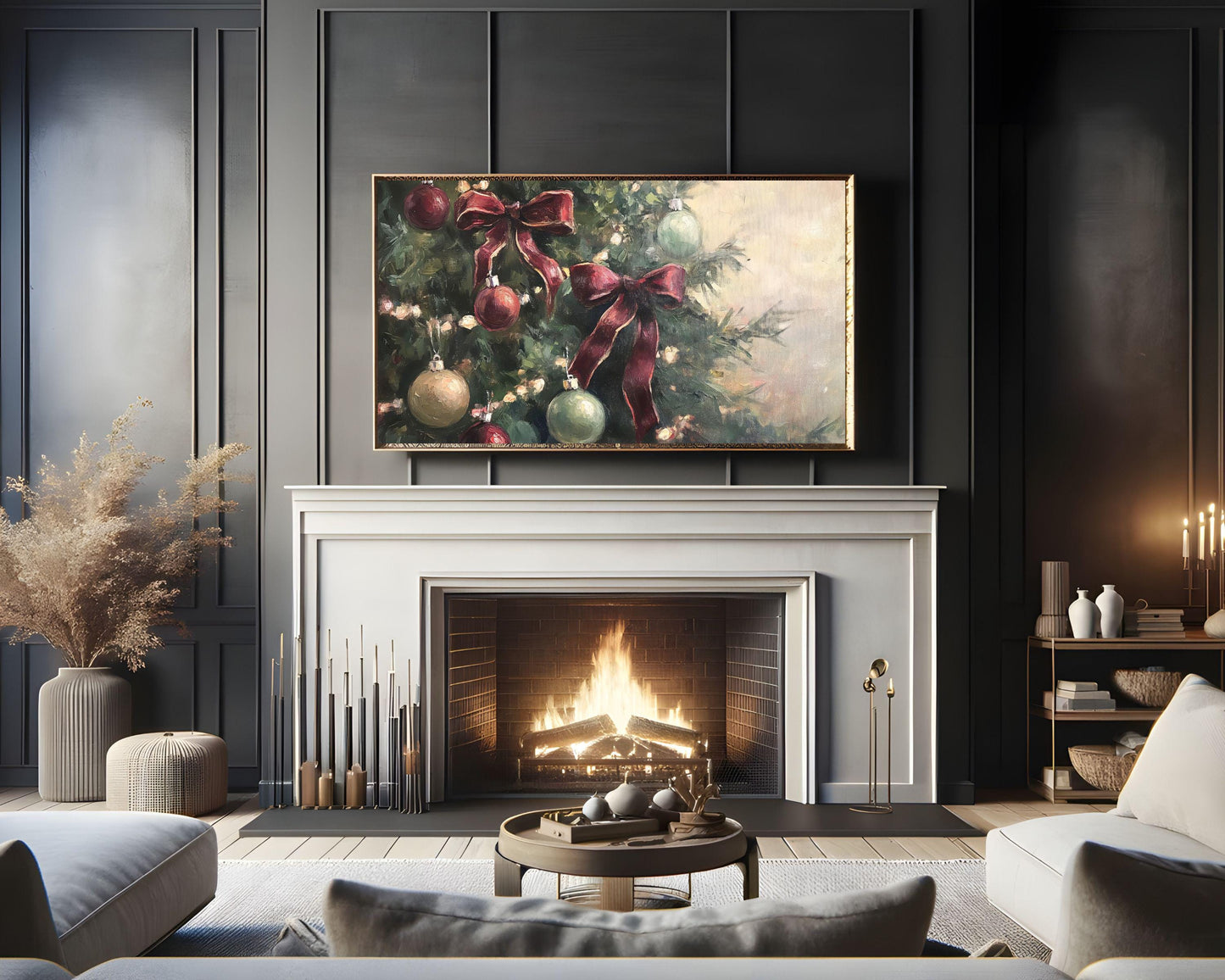 Christmas Tree with Burgundy Bows Frame TV Art