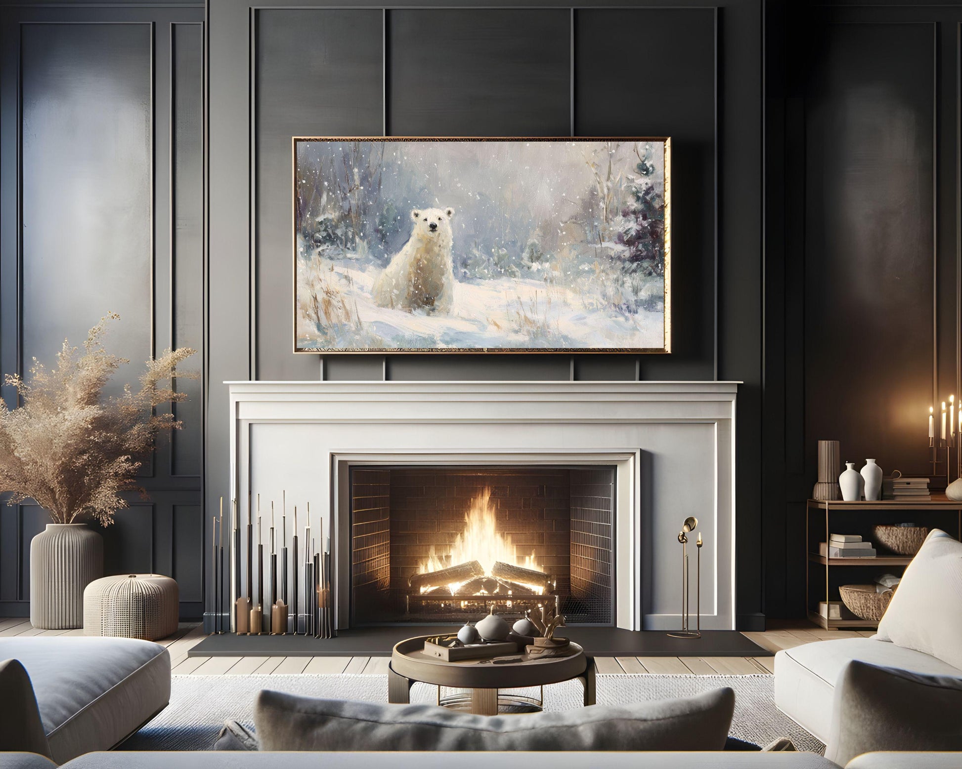 FRAME TV art Polar Bear, Samsung Frame TV art Winter Landscape, Vintage Style Painting Cute Animal in Snow | TV1084