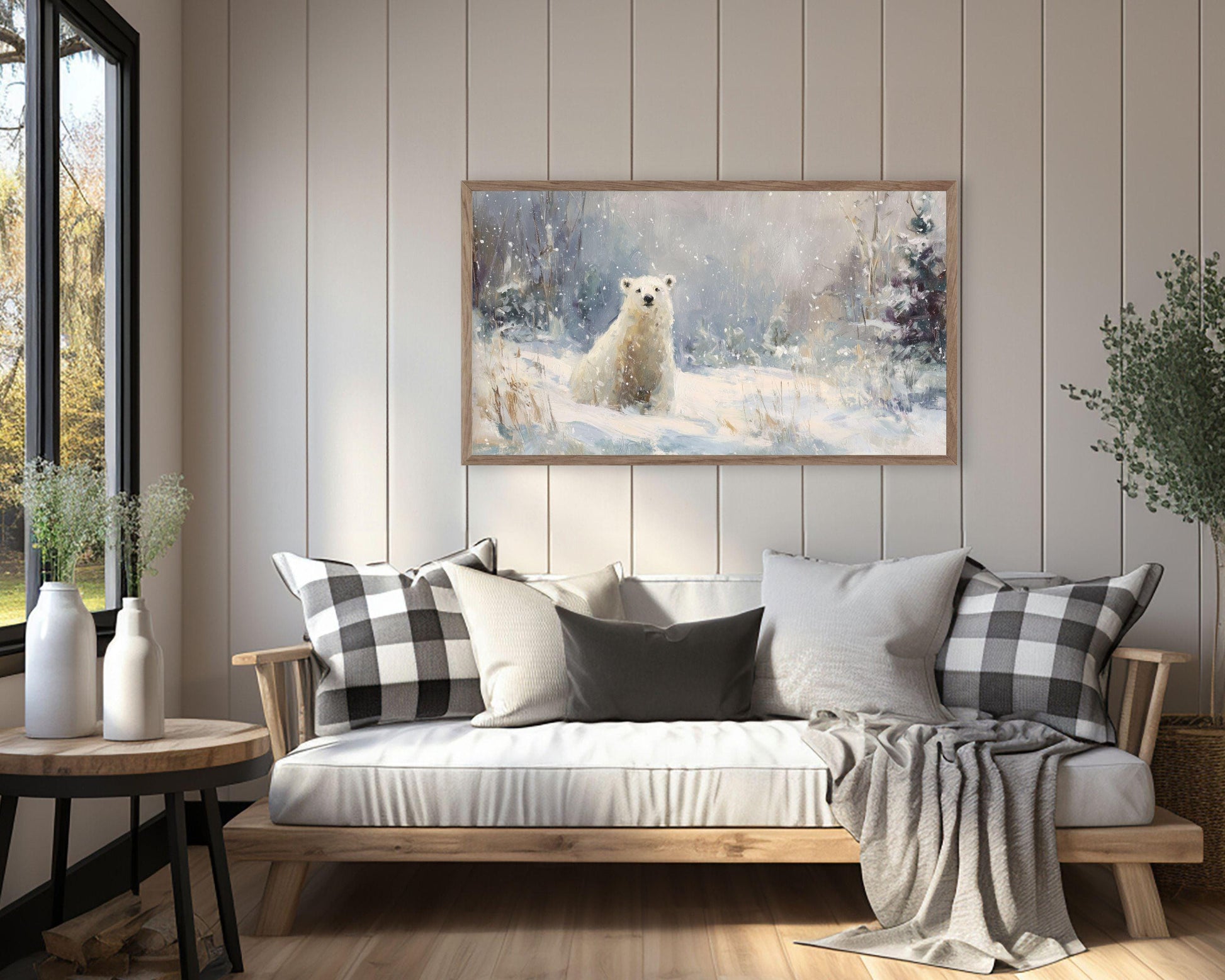 FRAME TV art Polar Bear, Samsung Frame TV art Winter Landscape, Vintage Style Painting Cute Animal in Snow | TV1084