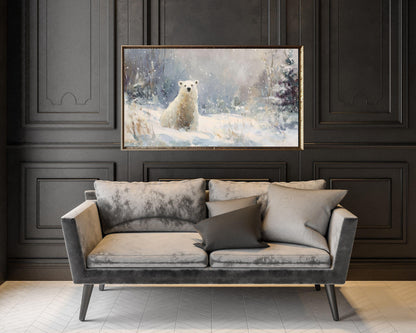 FRAME TV art Polar Bear, Samsung Frame TV art Winter Landscape, Vintage Style Painting Cute Animal in Snow | TV1084