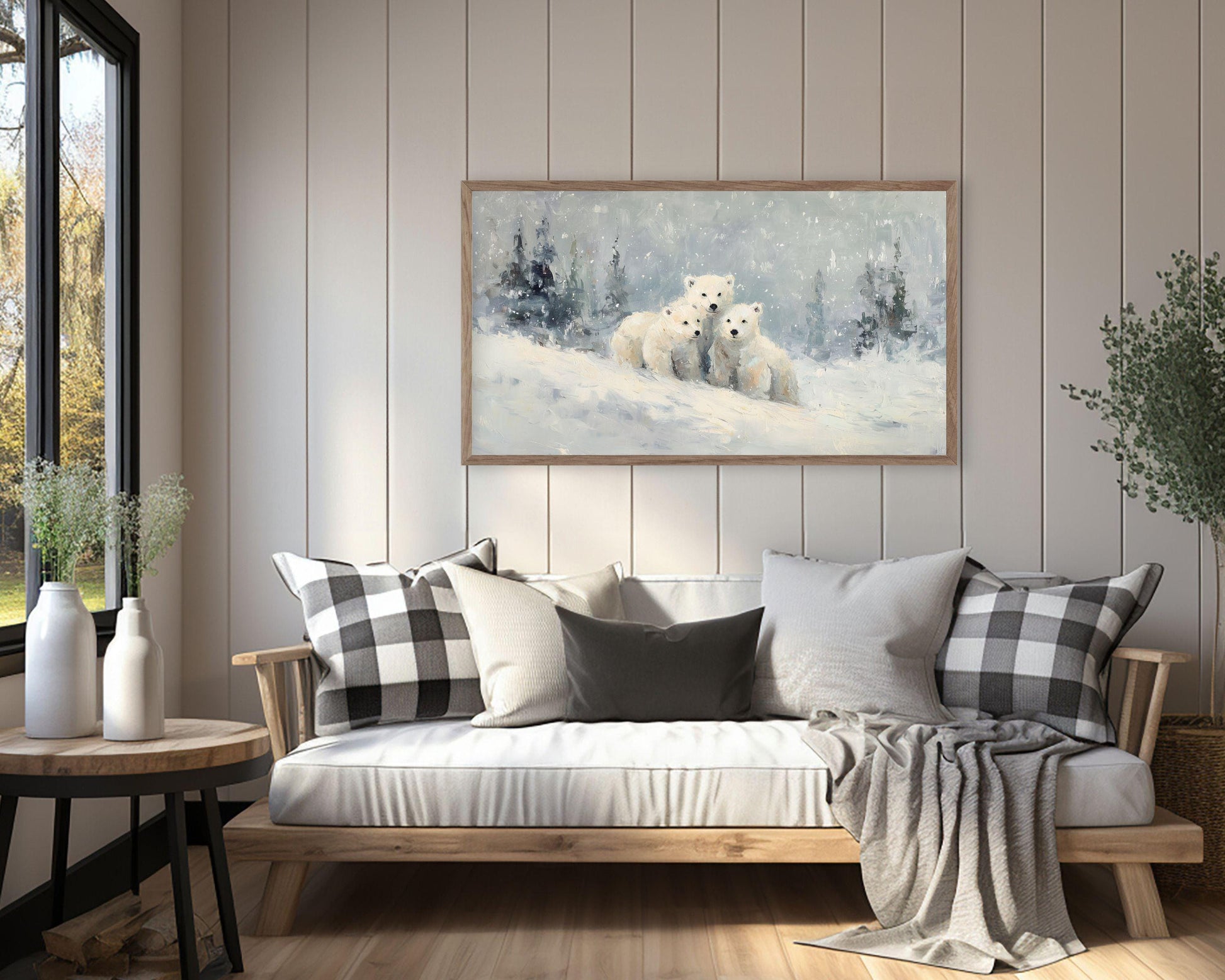 FRAME TV art Polar Bear Family, Samsung Frame TV art Winter Landscape, Vintage Style Painting Animals in Snow | TV1086