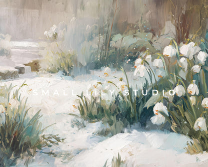 FRAME TV art Snow Drop Flowers, Samsung Frame TV art Winter Floral Landscape, Vintage Style Painting Garden in Snow | TV1087