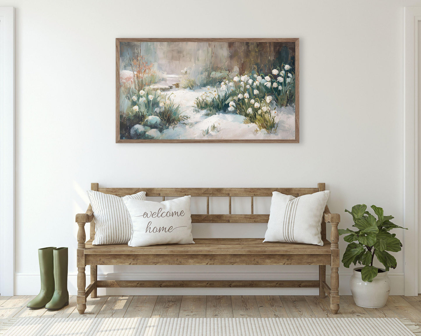 FRAME TV art Snow Drop Flowers, Samsung Frame TV art Winter Floral Landscape, Vintage Style Painting Garden in Snow | TV1087