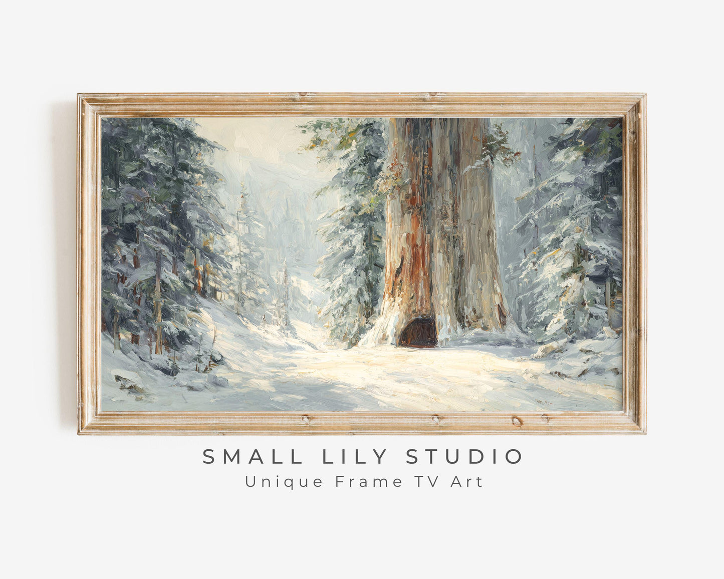 FRAME TV art Giant Tree in Snow, Samsung Frame TV art Winter Forest Landscape, Vintage Style Painting | TV1088