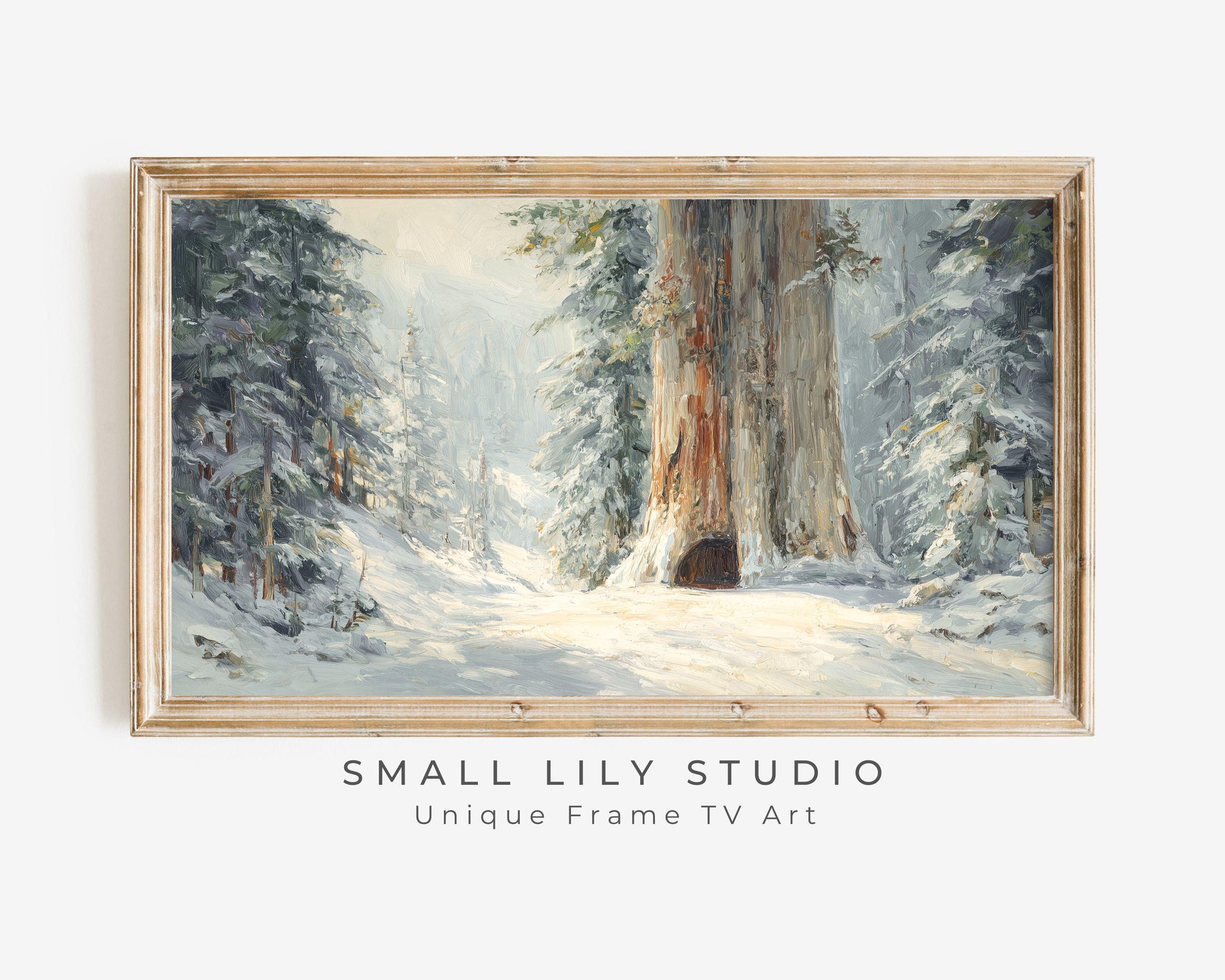FRAME TV art Giant Tree in Snow, Samsung Frame TV art Winter Forest Landscape, Vintage Style Painting | TV1088