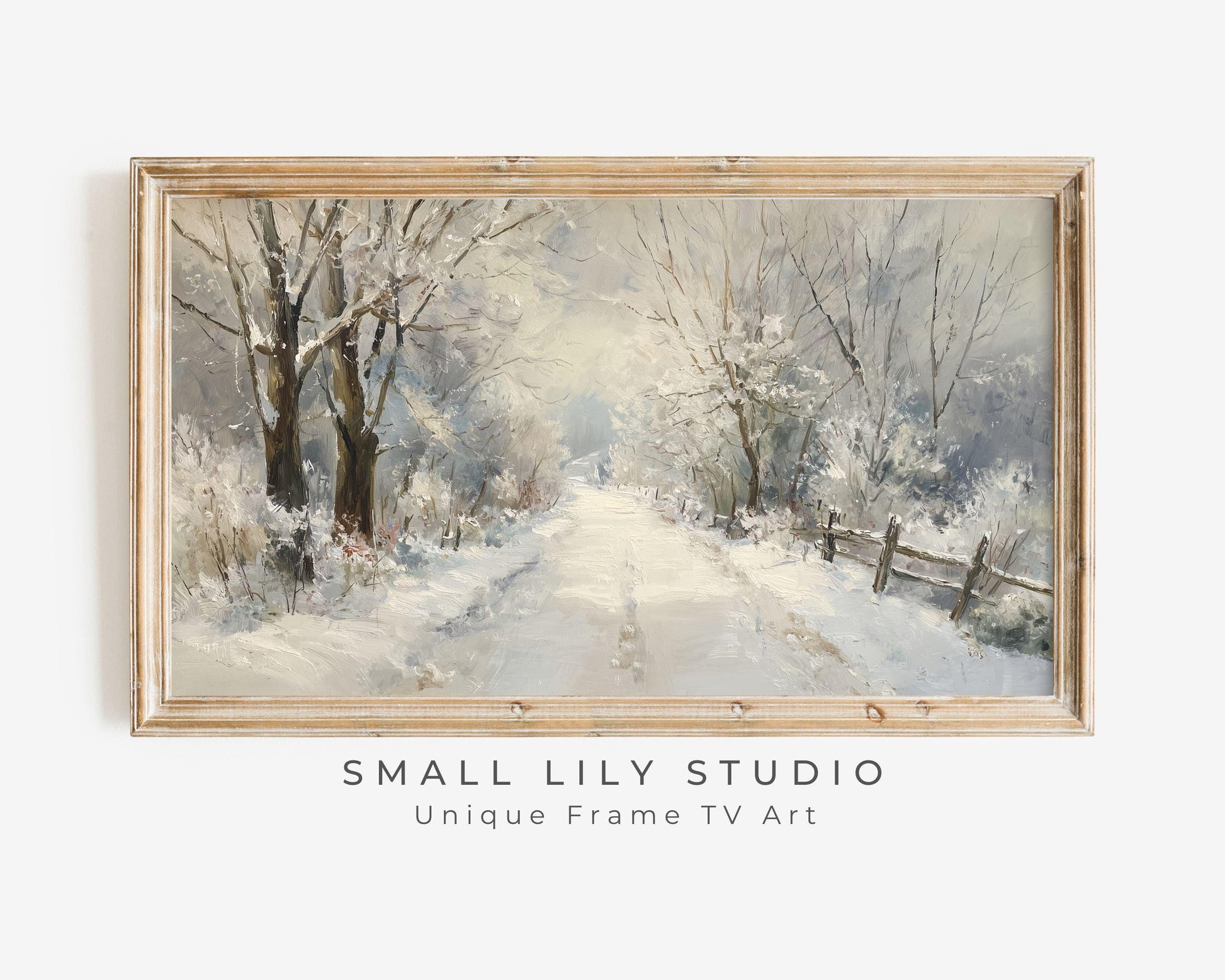FRAME TV art Path Through Winter Trees, Samsung Frame TV art Snowy Landscape, Vintage Style Painting | TV1089