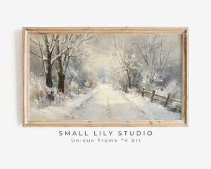 FRAME TV art Path Through Winter Trees, Samsung Frame TV art Snowy Landscape, Vintage Style Painting | TV1089
