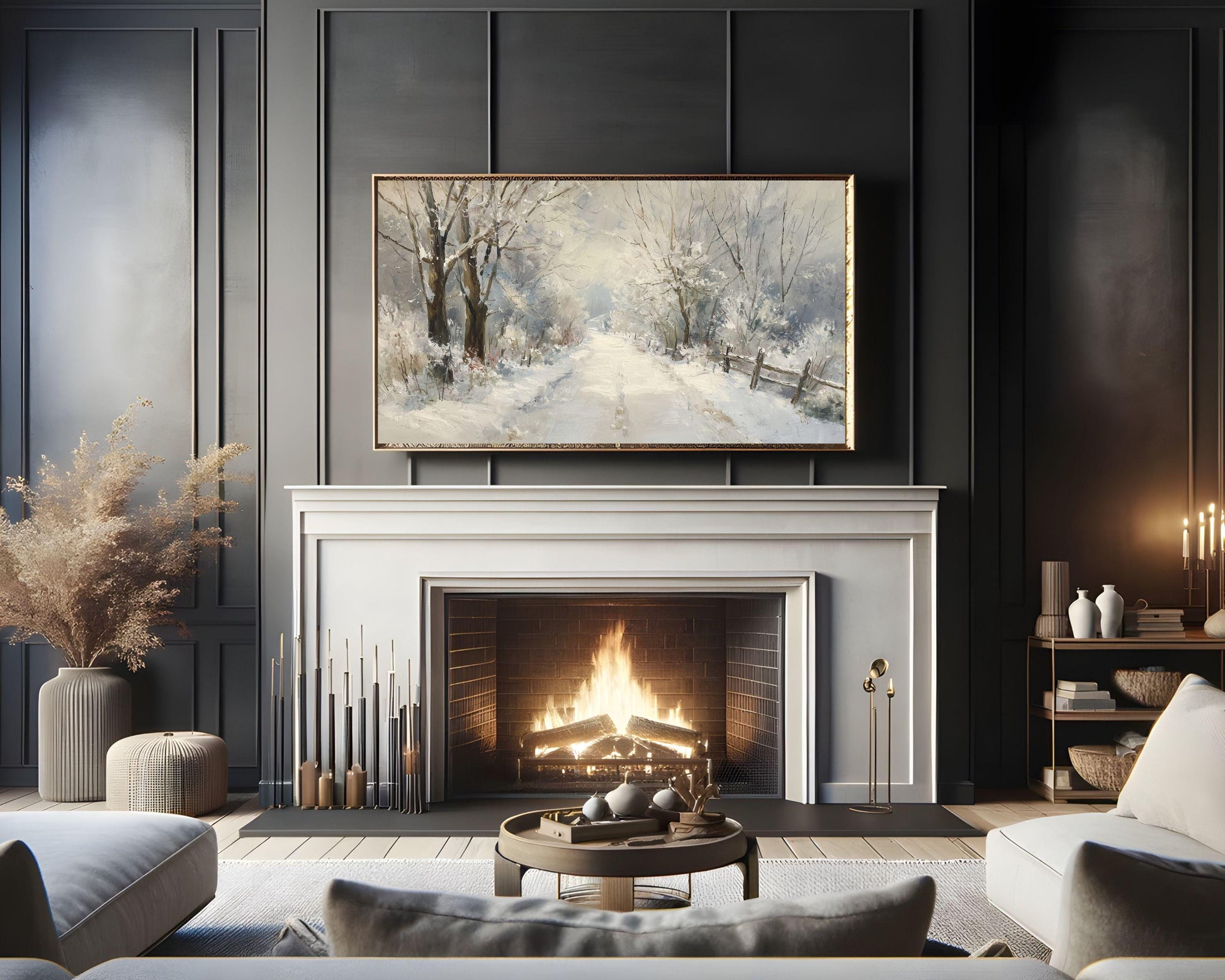 FRAME TV art Path Through Winter Trees, Samsung Frame TV art Snowy Landscape, Vintage Style Painting | TV1089