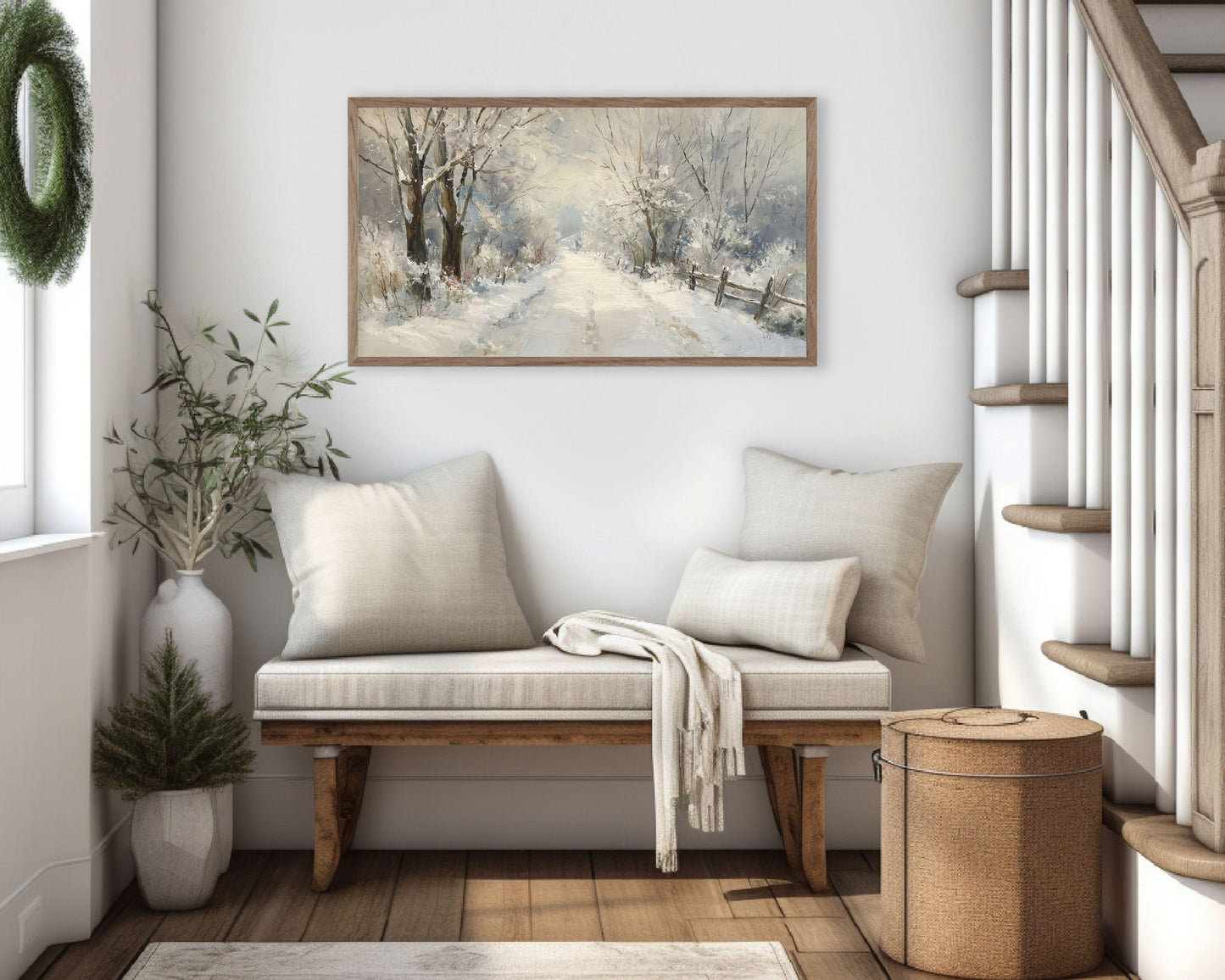 FRAME TV art Path Through Winter Trees, Samsung Frame TV art Snowy Landscape, Vintage Style Painting | TV1089