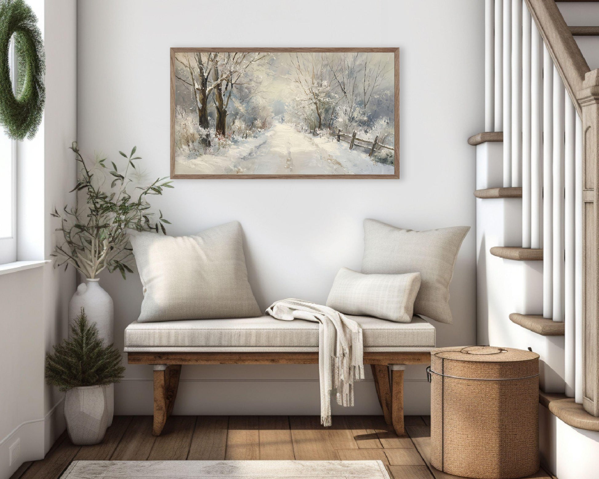 FRAME TV art Path Through Winter Trees, Samsung Frame TV art Snowy Landscape, Vintage Style Painting | TV1089