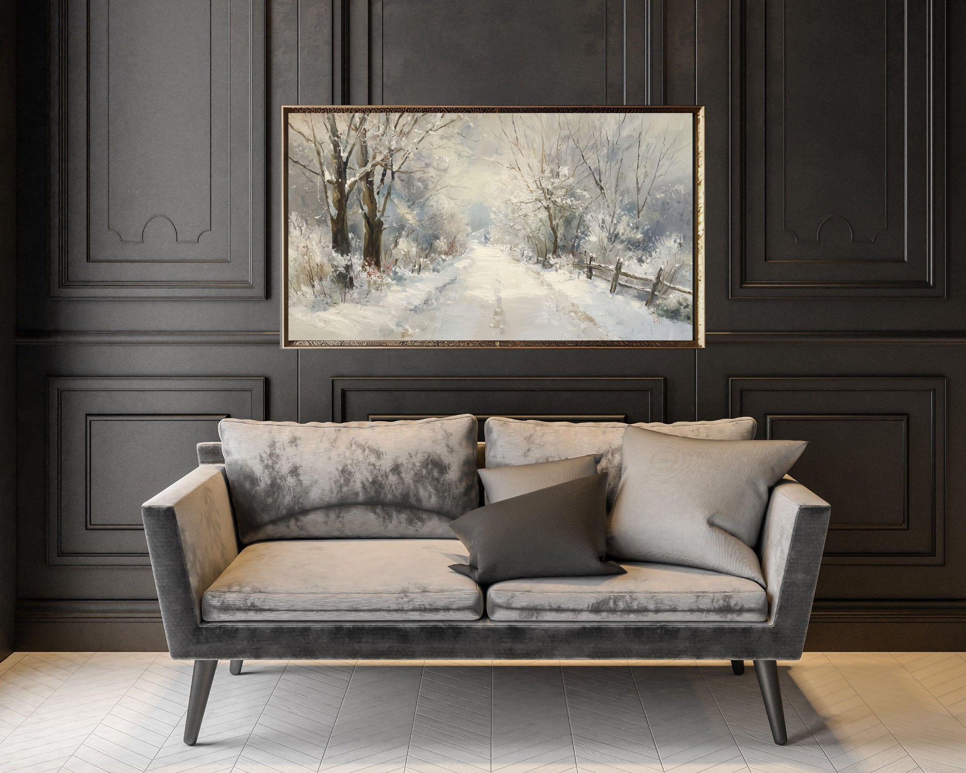 FRAME TV art Path Through Winter Trees, Samsung Frame TV art Snowy Landscape, Vintage Style Painting | TV1089