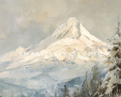FRAME TV art Mt Hood in Winter, Samsung Frame TV art Snowy Mountain Landscape, Vintage Style Painting | TV1092