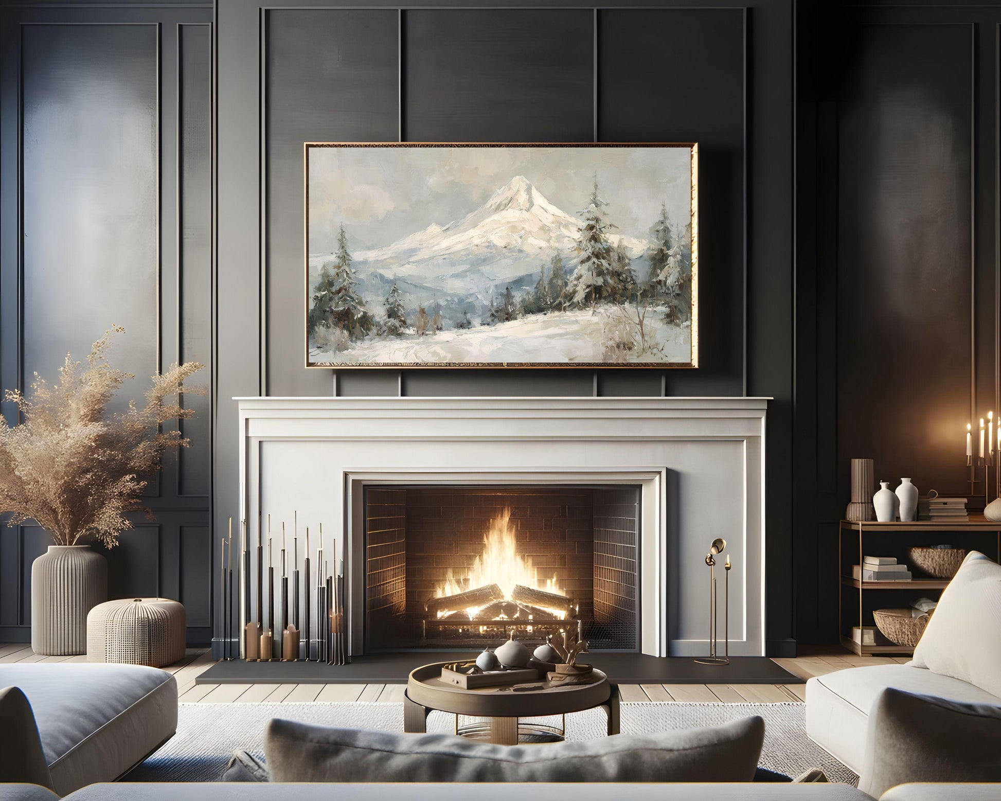 FRAME TV art Mt Hood in Winter, Samsung Frame TV art Snowy Mountain Landscape, Vintage Style Painting | TV1092