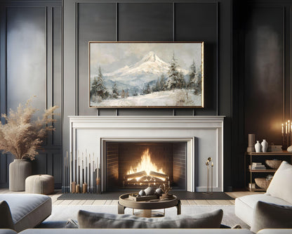 FRAME TV art Mt Hood in Winter, Samsung Frame TV art Snowy Mountain Landscape, Vintage Style Painting | TV1092