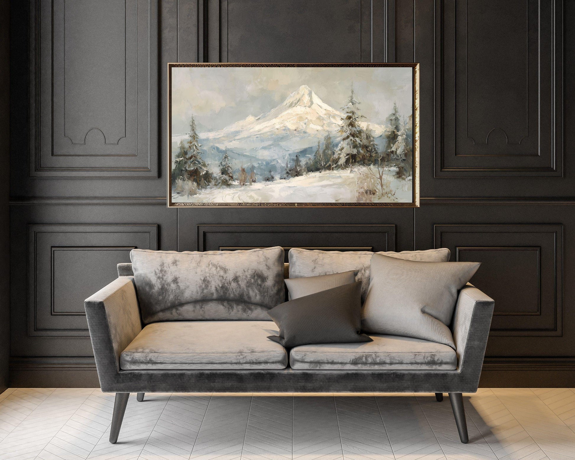 FRAME TV art Mt Hood in Winter, Samsung Frame TV art Snowy Mountain Landscape, Vintage Style Painting | TV1092