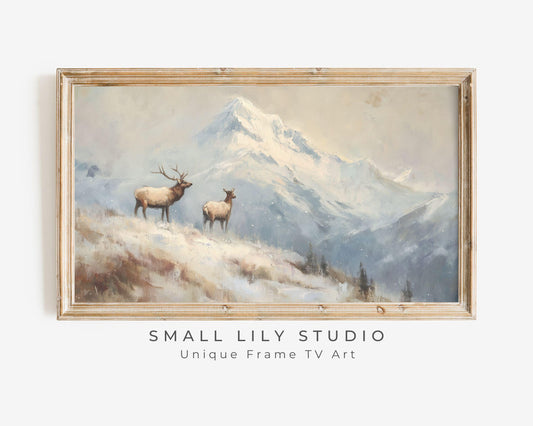 FRAME TV art Elk in Winter Landscape, Samsung Frame TV Art Vintage Style Deer Painting | TV1094